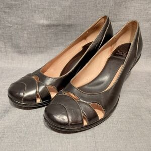 Sofft Cara Pump Heels Womens 8.5M Black Leather Gold Trim Slip On Corp Office